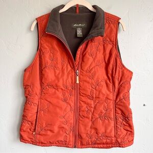Eddie Bauer Women's Orange Floral Embroidered Fleece Lined Puffy Vest Large EUC